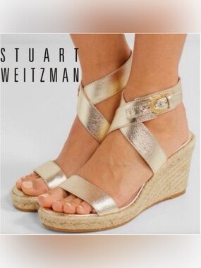 Stuart Weitzman Lexia Plattino Metallic Napa Gold Espadrille  Sandals / Size 4.5